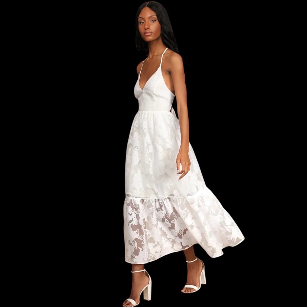 Lulus Feeling Like Forever White Jacquard Organza Lace-Up Midi Dress NWOT - Picture 3 of 6